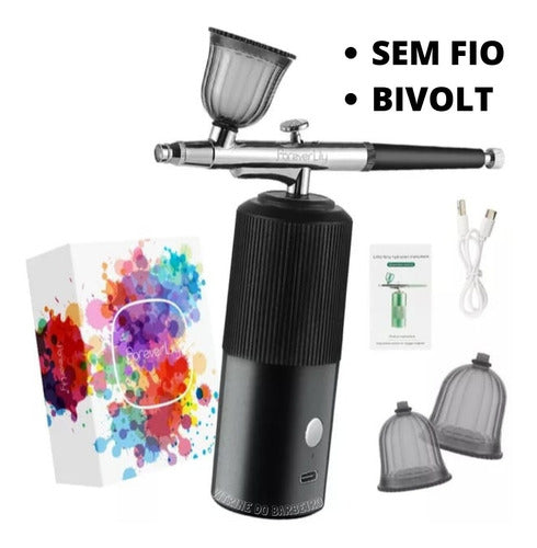 Kit P/ Barbearia Aerógrafo + Mini Compressor Sem Fio Bivolt! 1