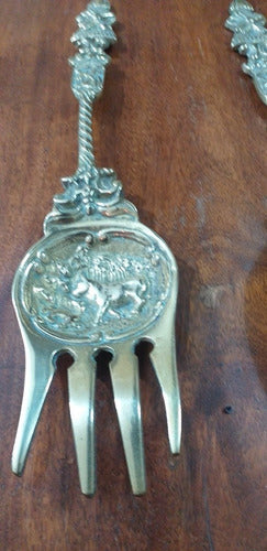 Par De Utensilios Holandeses En Bronce Puro Cuchara  Tenedor 2