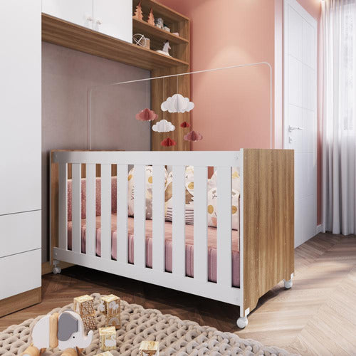 Berço Infantil Simples Com Rodas Regulagem E Grade Mdf Nogal 1