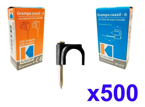 Pack X500 Grampa Clip Coaxil 6mm Clavo Acero Zincado Kalop 1