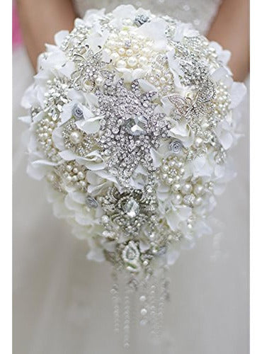 Iffo White Hydrangea Drop Brooch Bouquet Silver Wedding Bouq 2