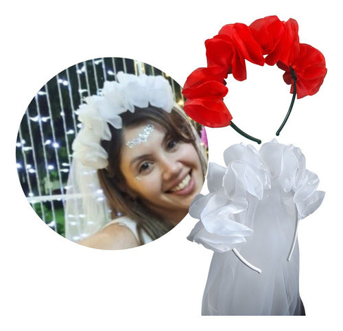 Maravinchas Cotillón 2 Flower Headbands + 1 Bride's Headband with Veil Bachelorette Party Combo 0