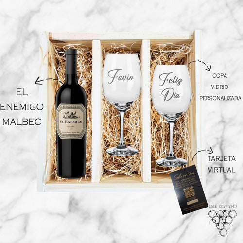 El Enemigo Caja Madera Vino Malbec + 2 Copas Vidrio Grabado 1