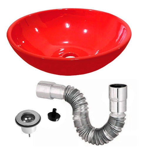 Bathroom Set: Counter Basin Agus Red Satin Siphon Extensible P-trap Pop-up Drain 0