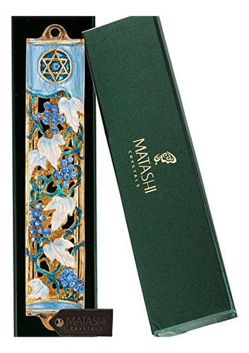 Matashi Hand Painted Blue and Ivory Enamel Grape Mezuzah Emb 1