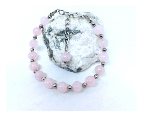 Natural Stone Bracelet 100% Natural - Rose Quartz and Steel 2