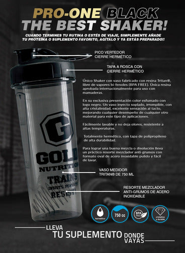 Shaker Pro One Gold Nutrition Mezclador De Proteina Resorte 3