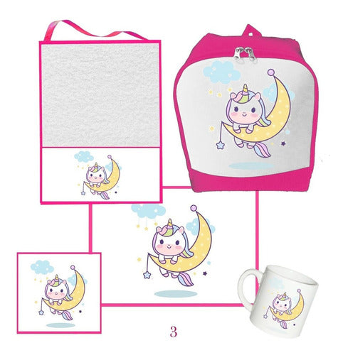 Jardin Infantes Set Taza Mantel Mochila Dinos Auto Unicornio 1