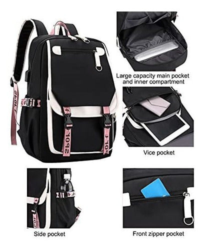 Jiayou Teenage Girls Backpack Middle School Students Bookbag Outdoor Daypack With USB Charge Port 21L - White Black 1