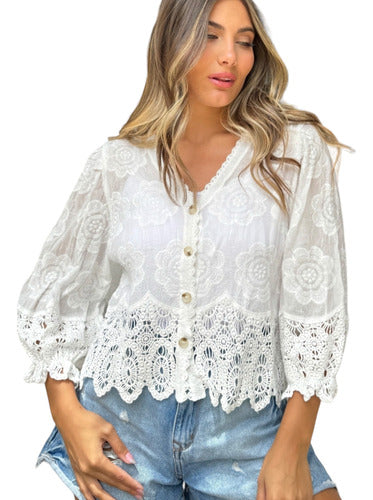 Chica Mala Importados Camisola Blusa Importada Con Botones Bordada Crochet Escote 0