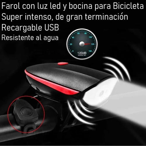 Pack Luces Para Bicicleta Delantera Con Bocina + Trasera Usb 1