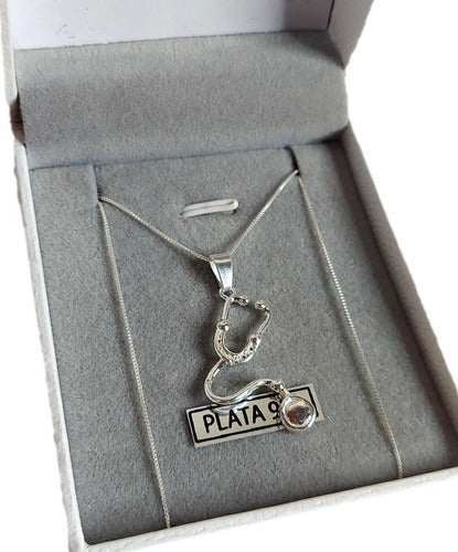 Cadena Con Dije Estetoscopio Medico Plata 925 Unisex 0