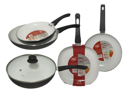 Ceramic Cookware Set 6pcs: Wok, 3 Frying Pans, Skillet, Non-Stick 0