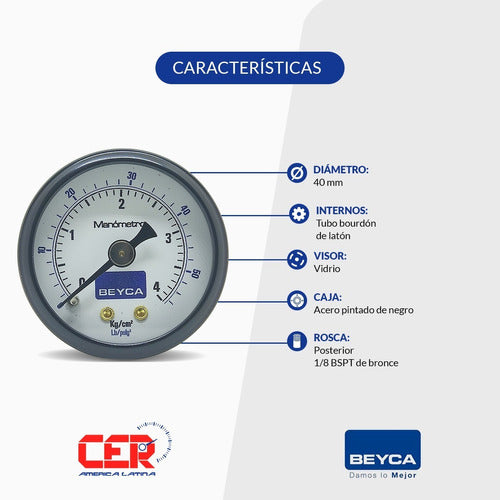 Beyca Manometer 4 Kg 40mm 1/8 Thread for Air, Gas, Water, and Oil 1