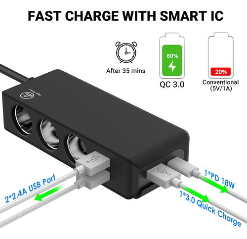 Coche Adaptador 3 Divisor Puerto Hub Cargador + Usb 12v 2