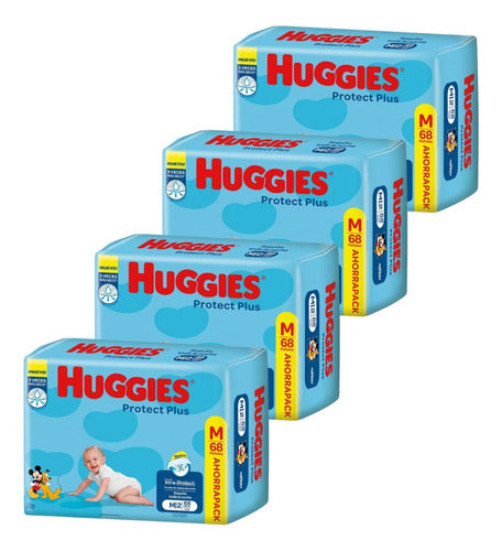 4 Packs of Huggies Protect Plus Unisex Diapers M Size 68 Units 0