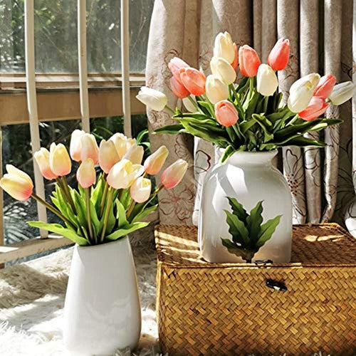 Wistart 24pcs Multicolor Artificial Tulip Flowers Fake Faux PU Tulip Bouquet Real Touch Flower Arrangements 1