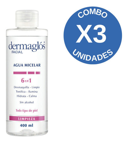 Combo X3 Dermaglos Agua Micelar 6 En 1 Desmaquillante 400 Ml 1