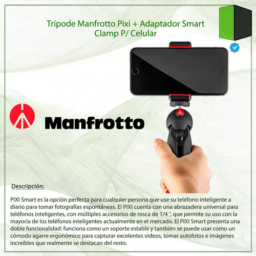 Manfrotto Trípode Pixi + Adaptador Smart Clamp P/ Celular 3