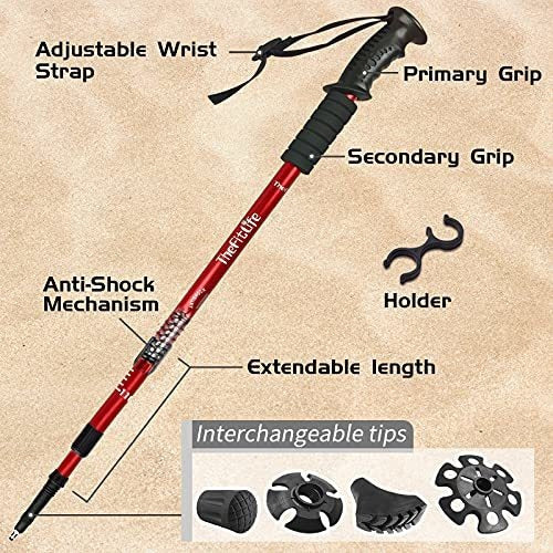 TheFitLife Nordic Walking Trekking Poles - 2 Pack with Antishock and Quick Lock System, Telescopic, Collapsible, Ultralight for Hiking, Camping, Mountaining, Backpacking, Walking, Trekking (Red) 1