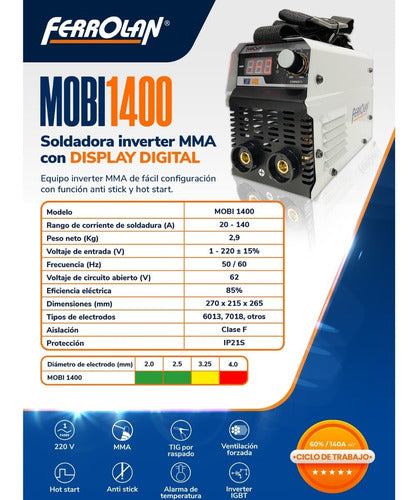 Ferrolan Soldadora Inverter Mma Tig 140a Ø3,25mm Mobi 1400 3