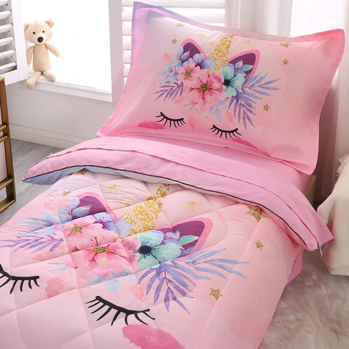 Juego De Ropa De Cama Para Niñas 4 Piezas Rosa Unicornio Flo 4