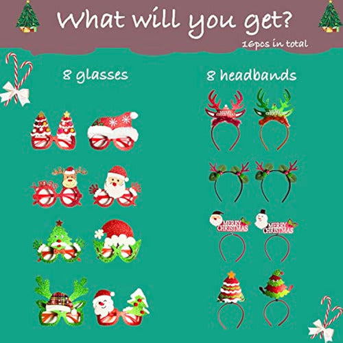 Decodinli 16 Christmas Glasses and Headbands 2