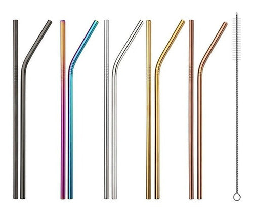 Stainless Steel Drinking Straws Set with Cleaning Brush - Eco-Friendly and Stylish - Set De 2 Bombillas Color Sorbete Con Cepillo Tragos Acero