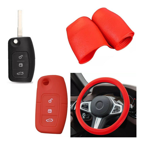 Silicone Steering Wheel Cover + Key Case Ford Fiesta - Red 0