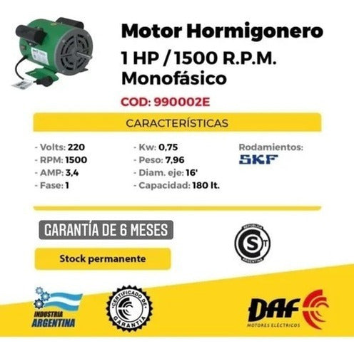 Motor Daf 1hp Para Hormigonera Trompito + Polea + Correa A33 7