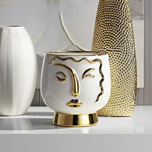 Studio 55D Modern Face Wink Ceramic Vase in White and Gold 0