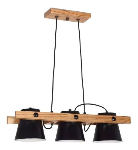 Carilux Colgante 3 Luces Madera Campana Negro Apto Led Deco Cx 0