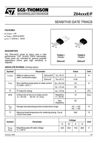 SGS-THOMSON X5 Z0405 Triac 4 Amp Logic Level Alternative Z0409MF Z0409 1
