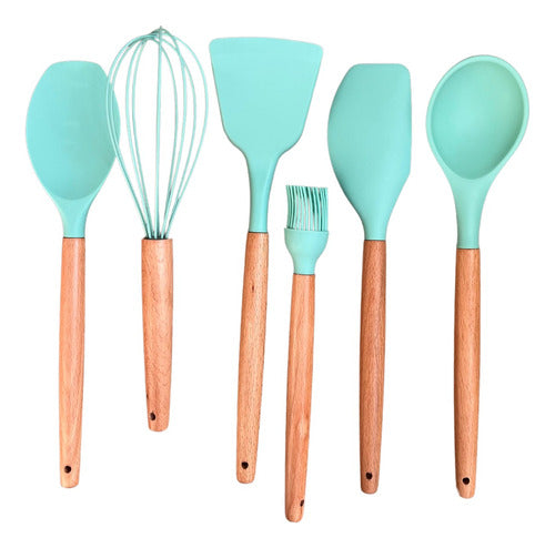 Silcook Set of Silicone and Wooden Utensils Aqua - 6 Pieces 0