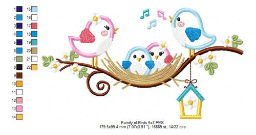 Embroidery Machine Design Birds Family on Branch 3558 2