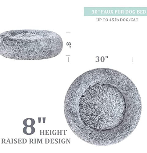 Poohoo Calming Faux Fur Bed for Pets, Round Washable Pillow for Cats, Ombre Color (23 Inches/30 Inches) for Small and Medium Dogs (L 30 Inches, Gray) - Poohoo Cama Calmante De Piel Sintética Para