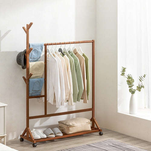 Aguliema Rolling Coat Rack in Mahogany Wood 100x35x155 Cm 1