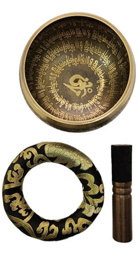 Tibetan Singing Bowl Set 13cm - Engraved Pillow Mallet Pyrography 3