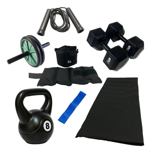 360FitnessElementos Training Kit with Russian Weight 8kg, Dumbbells 5kg, Ankle Weights 2kg, Theraband, Jump Rope, Ab Wheel 0