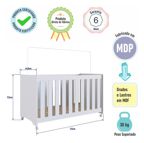 Berço Infantil Simples Com Rodas, Colchão E Regulagem Branco 3