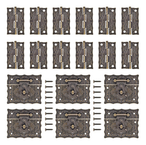 Pgmj 12 Vintage Bronze Engraved Hinges & 6 Decorative Lock Latch + Screws 0