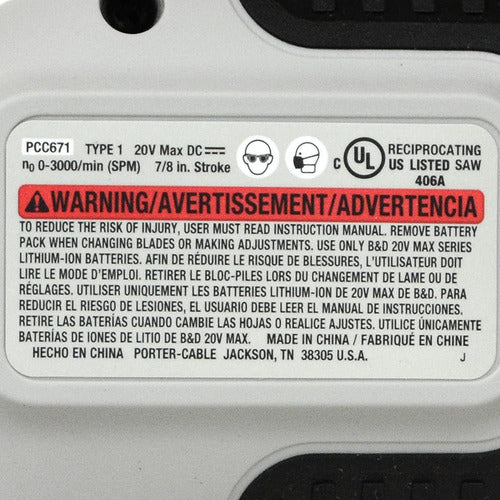 Porter Cable Pcc671b 20v Litio Herramienta Recíproca Sierra 4