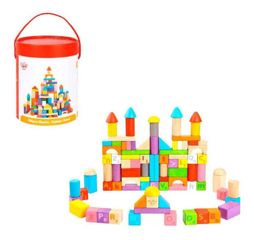 Tooky Toy Educational Block Bucket Rubber Wood 135pcs 0