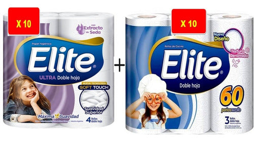 Papel Higiénico Elite 10 + Rollo De Cocina Elite X 10 2