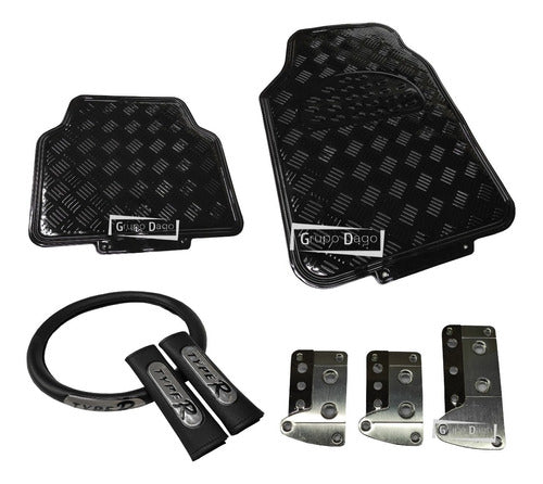 Grupo Dago Sports Aluminum Pedal Set + Tuning Floor Mats + Leather Steering Wheel Cover + Seat Belt Cover Set 24