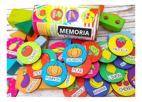 Juego Memoria Bilingüe Frutas Verduras Madera 28 Fichas 1