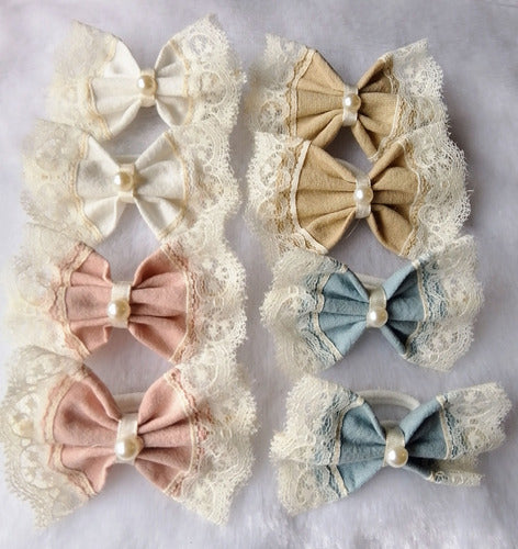 Set of 8 Girls' Vintage Cotton and Lace Hair Ties with Bows 2