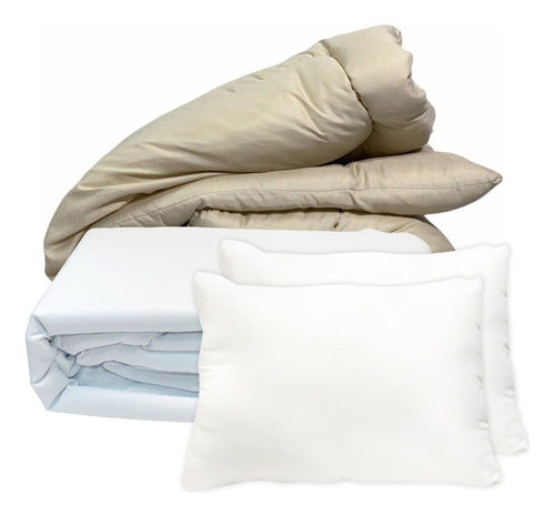 Fidelna Combo Acolchado 2 Plazas Liso + Juego De Sabanas + Almohadas 2