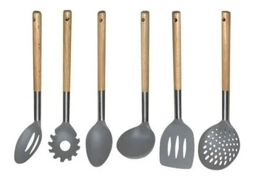 Set 6 Utensilios Nylon Con Mango Madera Hudson Gris Base Mov 1