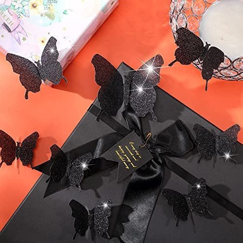 Bbto 3D Butterfly Wall Stickers 48 Units Black with Glitter 3